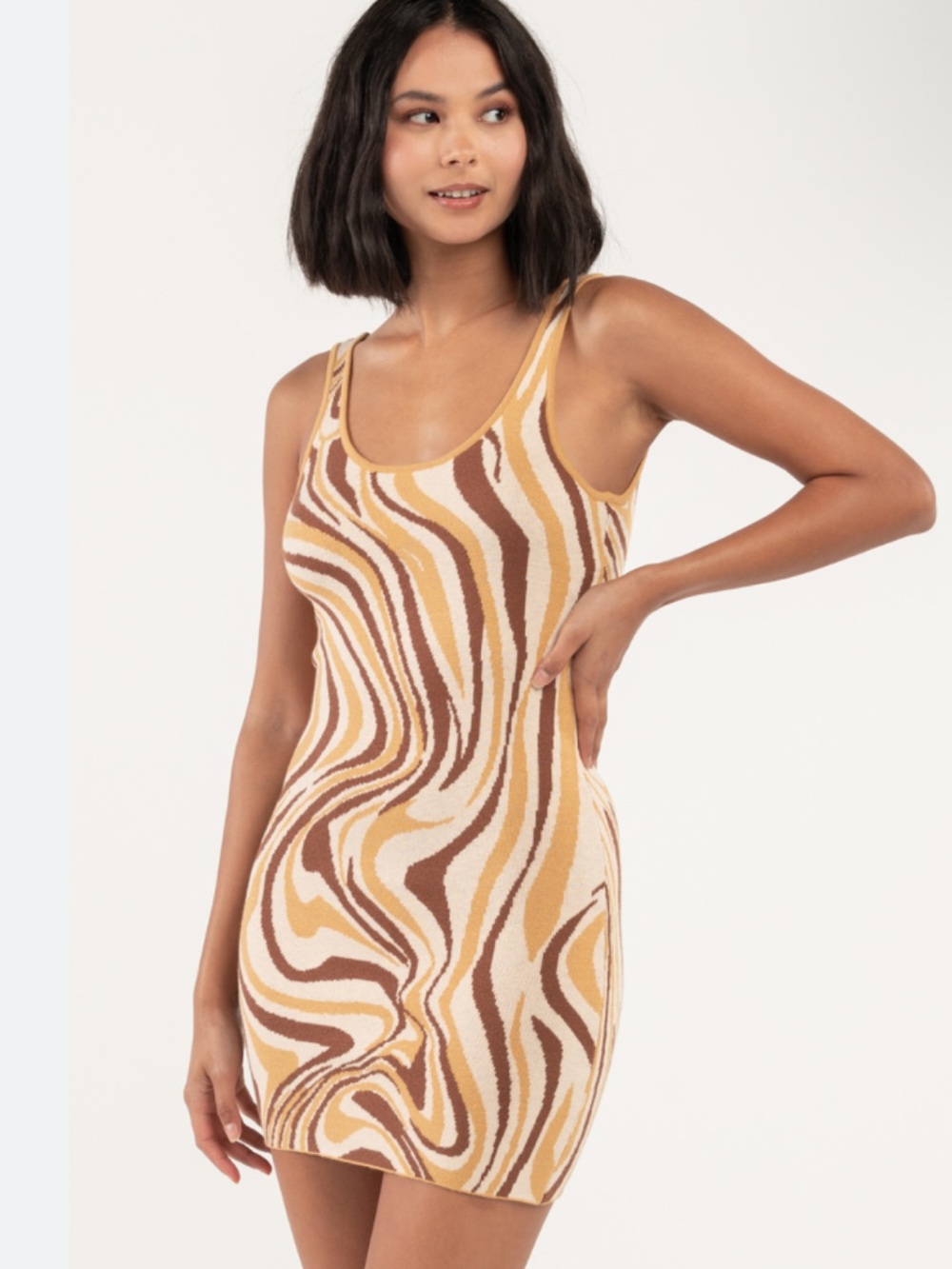 RSQ Beige and Brown Abstract Mini Slip Dress